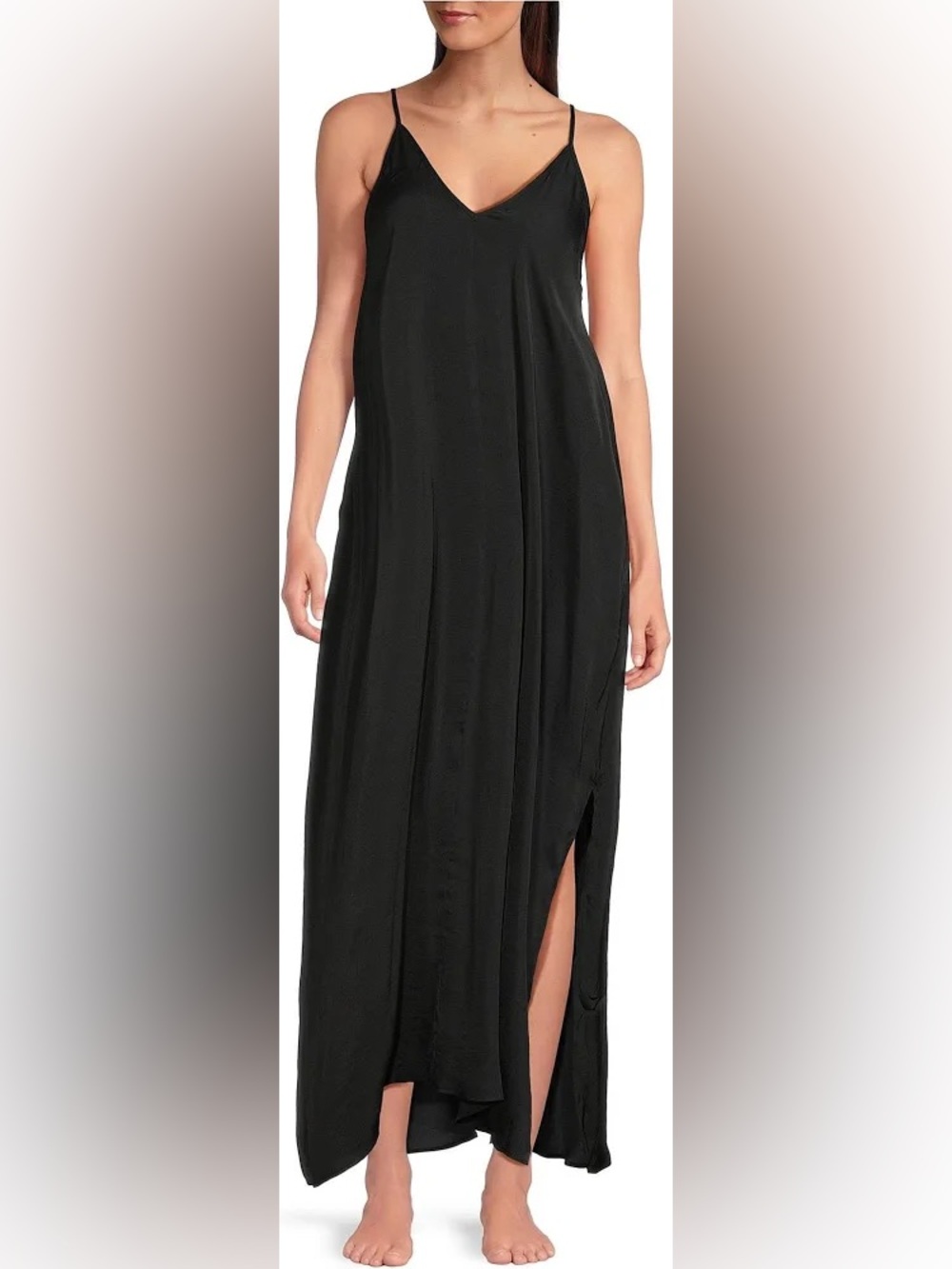 Van Winkle & Co Black Washed Satin Sleeveless V-Neck Maxi Chemise, size L